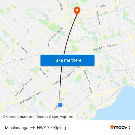 Mississauga to HWY 7 / Kipling map