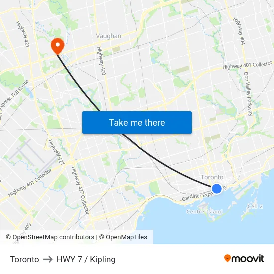 Toronto to HWY 7 / Kipling map