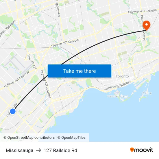 Mississauga to 127 Railside Rd map