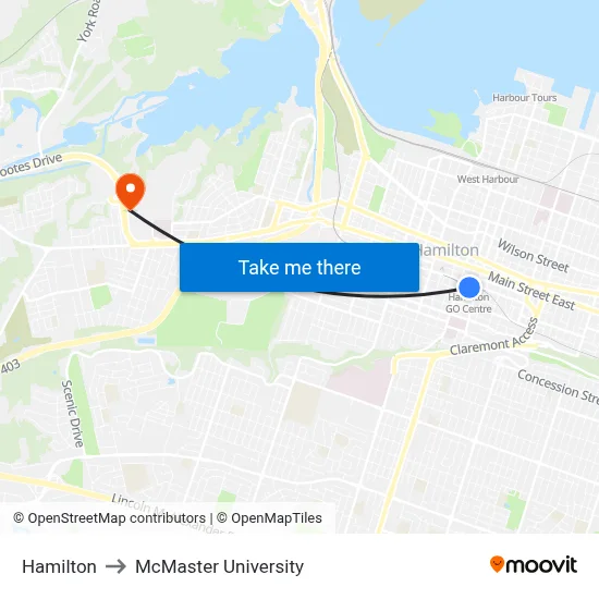 Hamilton to McMaster University map