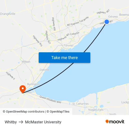 Whitby to McMaster University map