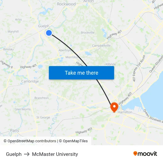 Guelph to McMaster University map