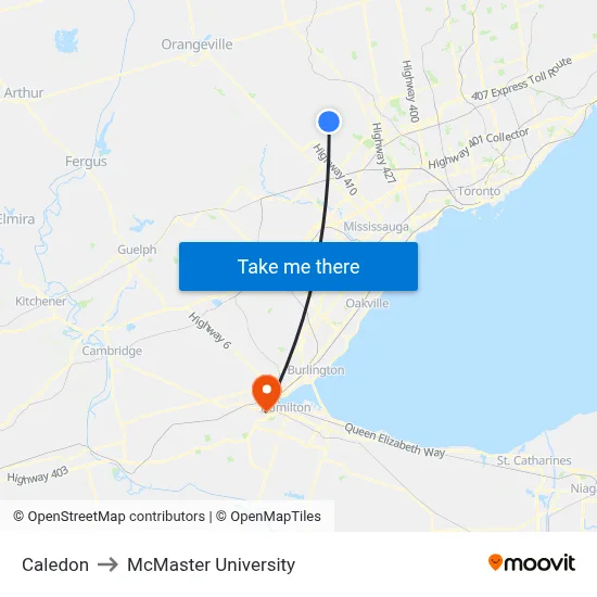 Caledon to McMaster University map
