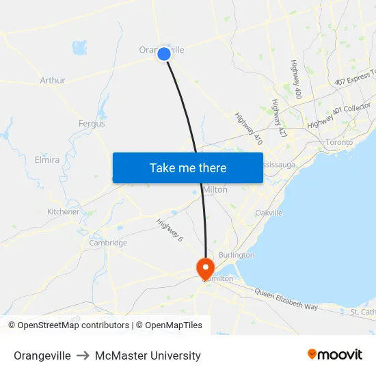 Orangeville to McMaster University map