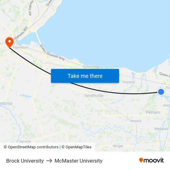 Brock University to McMaster University map