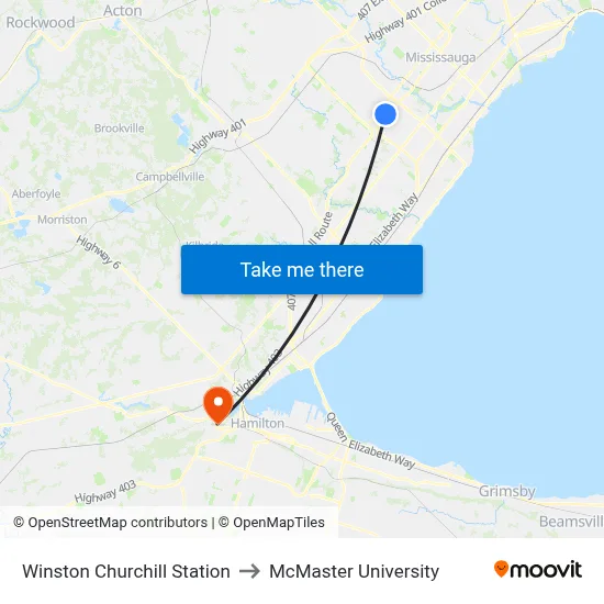 Winston Churchill Station to McMaster University map