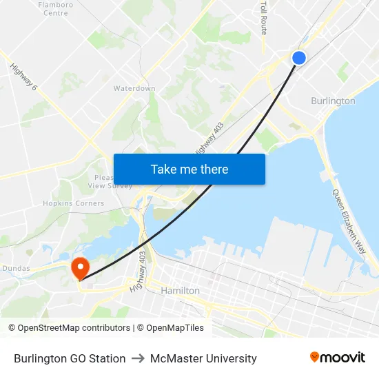 Burlington GO Station to McMaster University map