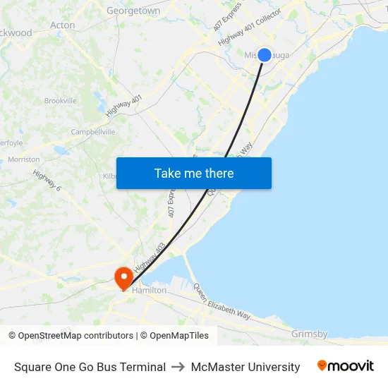 Square One Go Bus Terminal to McMaster University map