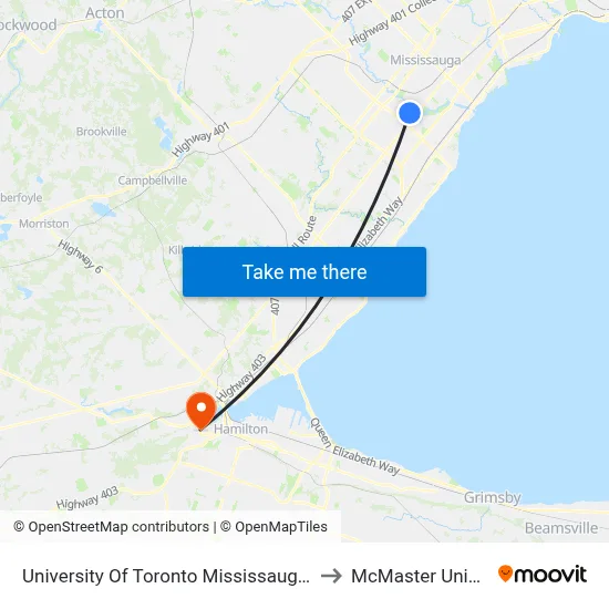University Of Toronto Mississauga Campus to McMaster University map