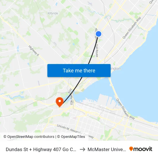 Dundas St + Highway 407 Go Carpool to McMaster University map