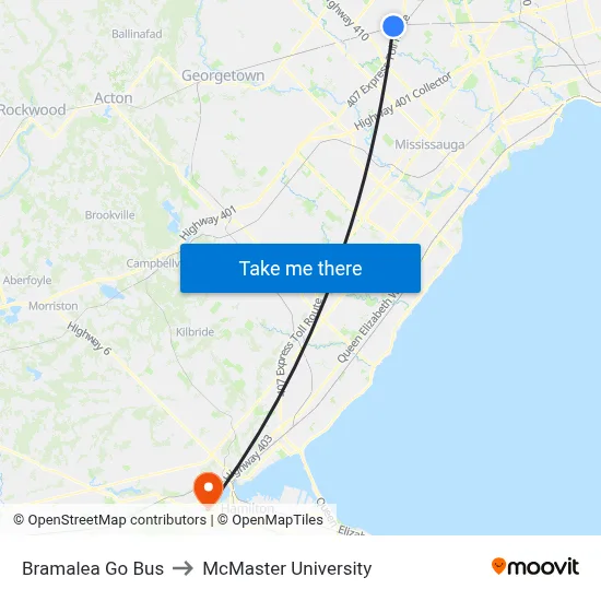 Bramalea Go Bus to McMaster University map