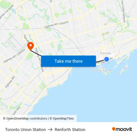 Toronto Union Station to Renforth Station map