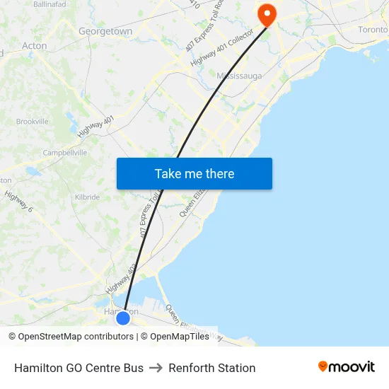 Hamilton GO Centre Bus to Renforth Station map