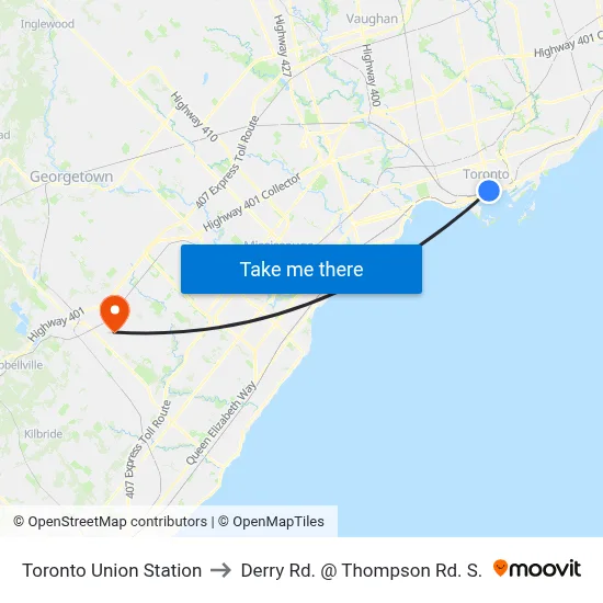 Toronto Union Station to Derry Rd. @ Thompson Rd. S. map