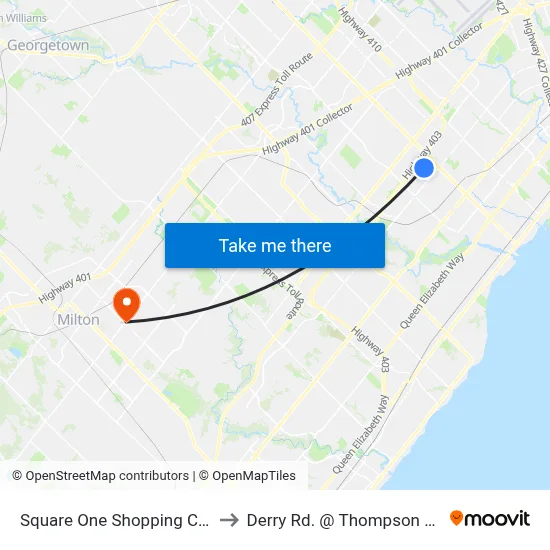 Square One Shopping Centre to Derry Rd. @ Thompson Rd. S. map
