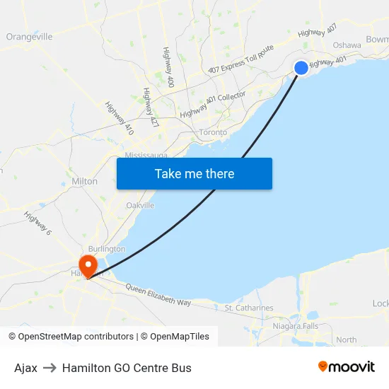 Ajax to Hamilton GO Centre Bus map