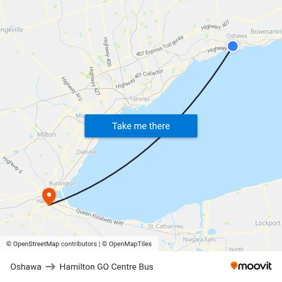 Oshawa to Hamilton GO Centre Bus map