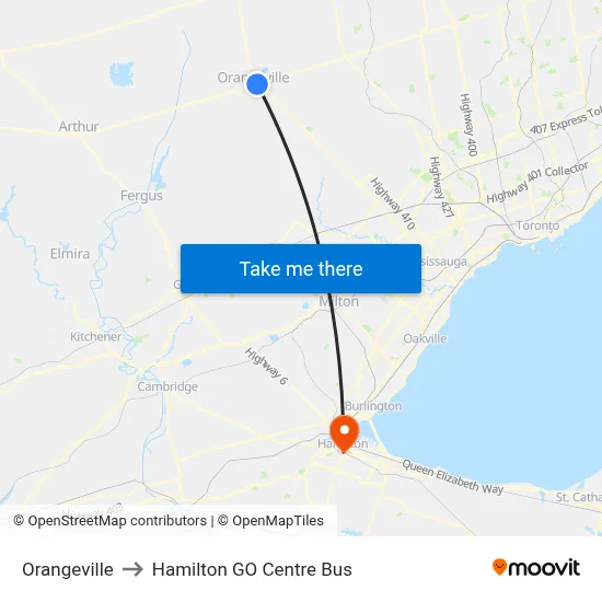 Orangeville to Hamilton GO Centre Bus map