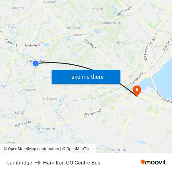 Cambridge to Hamilton GO Centre Bus map