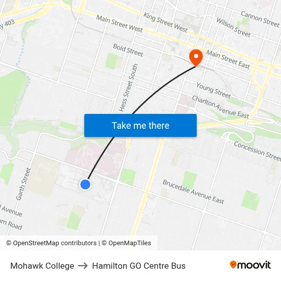 Mohawk College Of Applied Arts & Technology Campus to Hamilton GO Centre Bus map