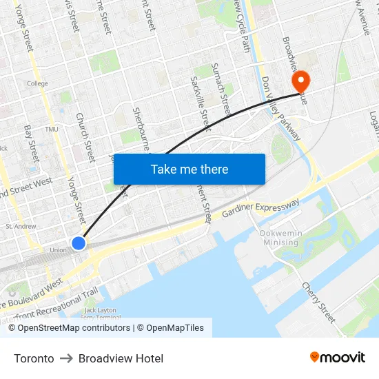 Toronto to Broadview Hotel map