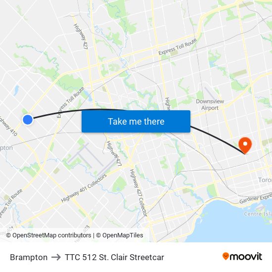 Brampton to TTC 512 St. Clair Streetcar map