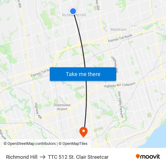 Richmond Hill to TTC 512 St. Clair Streetcar map