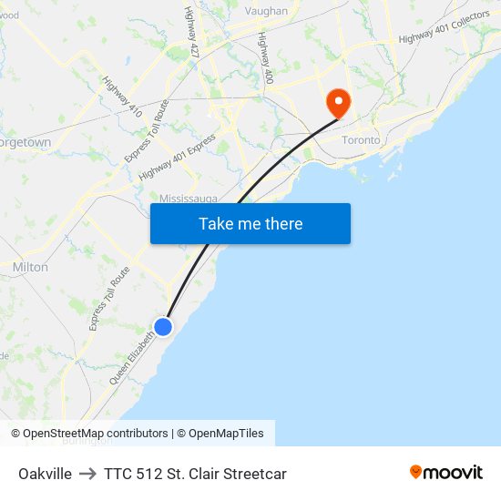 Oakville to TTC 512 St. Clair Streetcar map