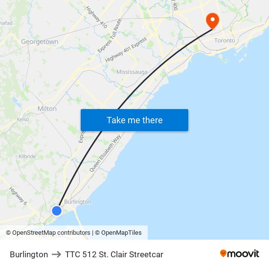 Burlington to TTC 512 St. Clair Streetcar map