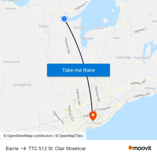 Barrie to TTC 512 St. Clair Streetcar map