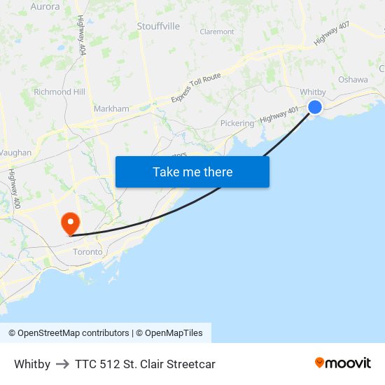 Whitby to TTC 512 St. Clair Streetcar map