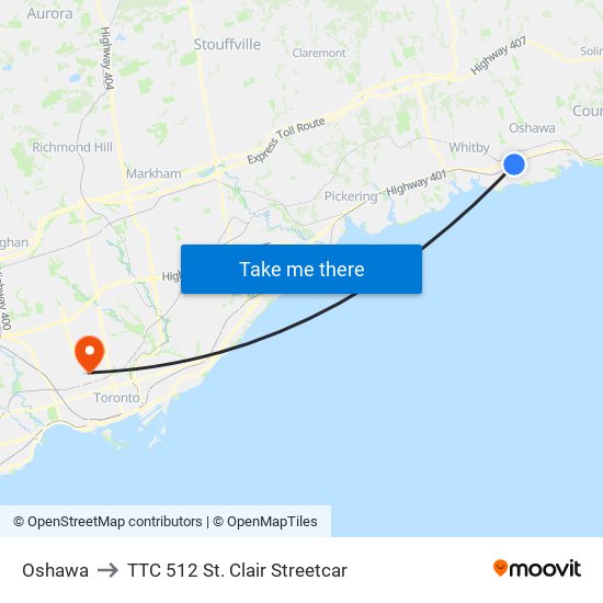 Oshawa to TTC 512 St. Clair Streetcar map