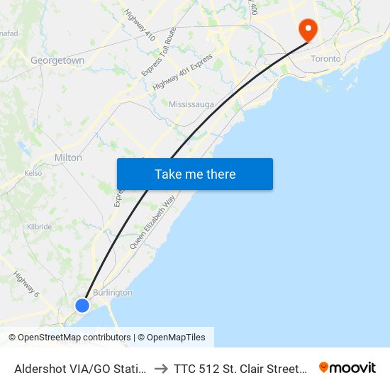 Aldershot VIA/GO Station to TTC 512 St. Clair Streetcar map