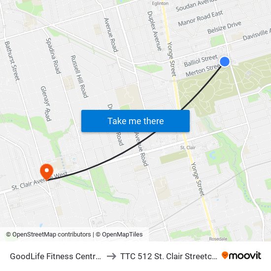 GoodLife Fitness Centres to TTC 512 St. Clair Streetcar map