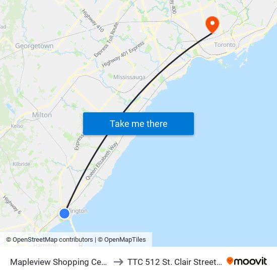 Mapleview Shopping Centre to TTC 512 St. Clair Streetcar map