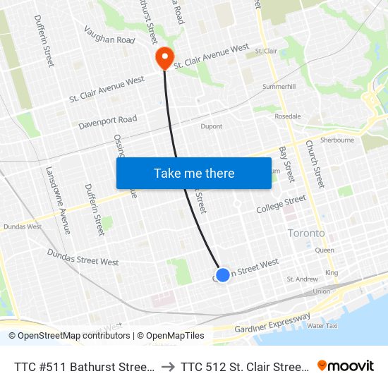 TTC #511 Bathurst Streetcar to TTC 512 St. Clair Streetcar map