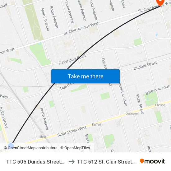 TTC 505 Dundas Streetcar to TTC 512 St. Clair Streetcar map