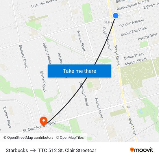 Starbucks to TTC 512 St. Clair Streetcar map