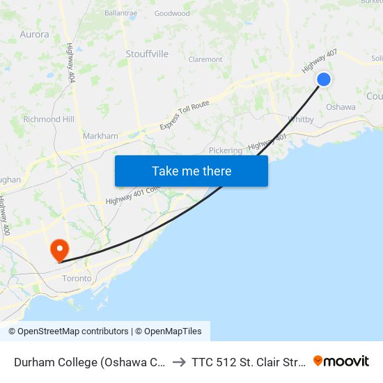 Durham College (Oshawa Campus) to TTC 512 St. Clair Streetcar map