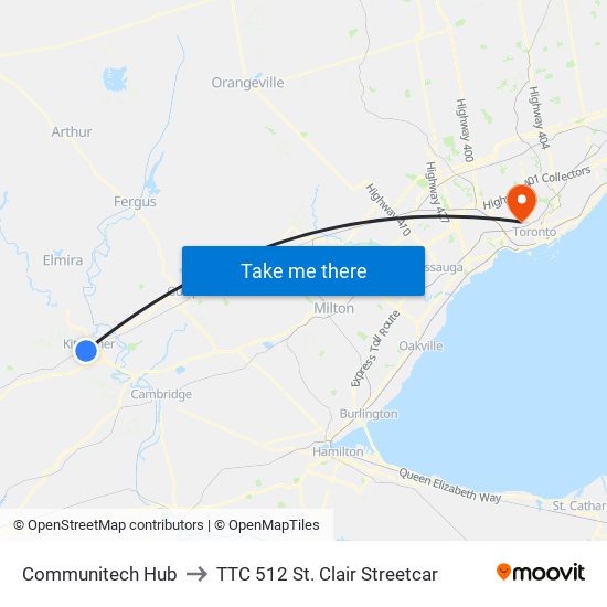 Communitech Hub to TTC 512 St. Clair Streetcar map