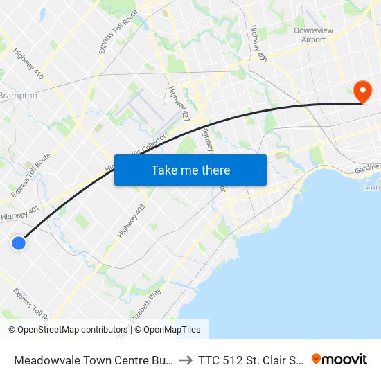 Meadowvale Town Centre Bus Terminal to TTC 512 St. Clair Streetcar map