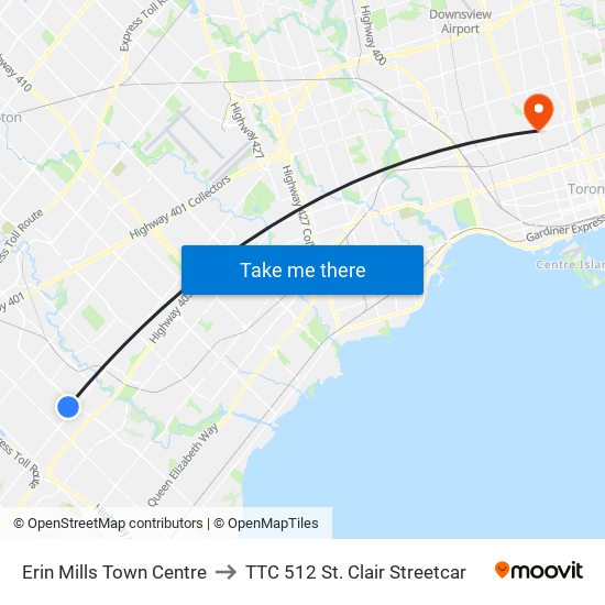 Erin Mills Town Centre to TTC 512 St. Clair Streetcar map