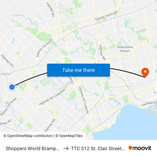 Shoppers World Brampton to TTC 512 St. Clair Streetcar map