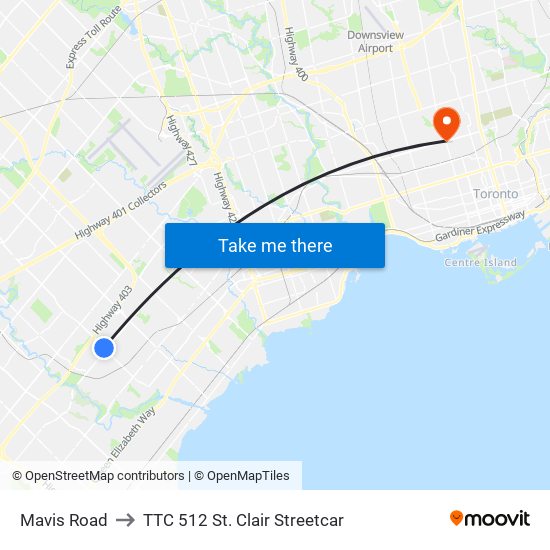 Mavis Road to TTC 512 St. Clair Streetcar map