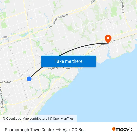 Scarborough Town Centre to Ajax GO Bus map