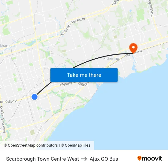 Scarborough Town Centre-West to Ajax GO Bus map