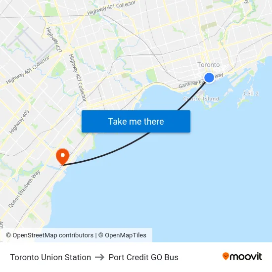 Toronto Union Station to Port Credit GO Bus map