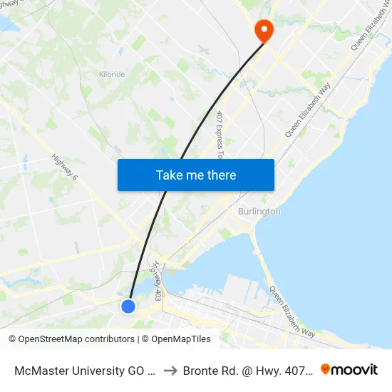 McMaster University GO Bus Terminal to Bronte Rd. @ Hwy. 407 Park & Ride map