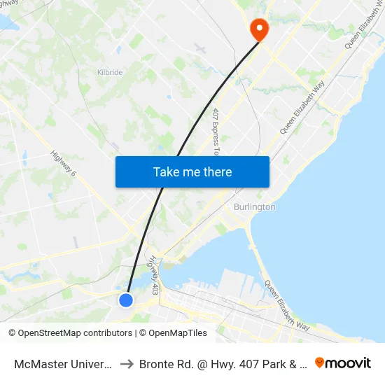McMaster University to Bronte Rd. @ Hwy. 407 Park & Ride map