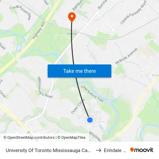University Of Toronto Mississauga Campus to Erindale GO map